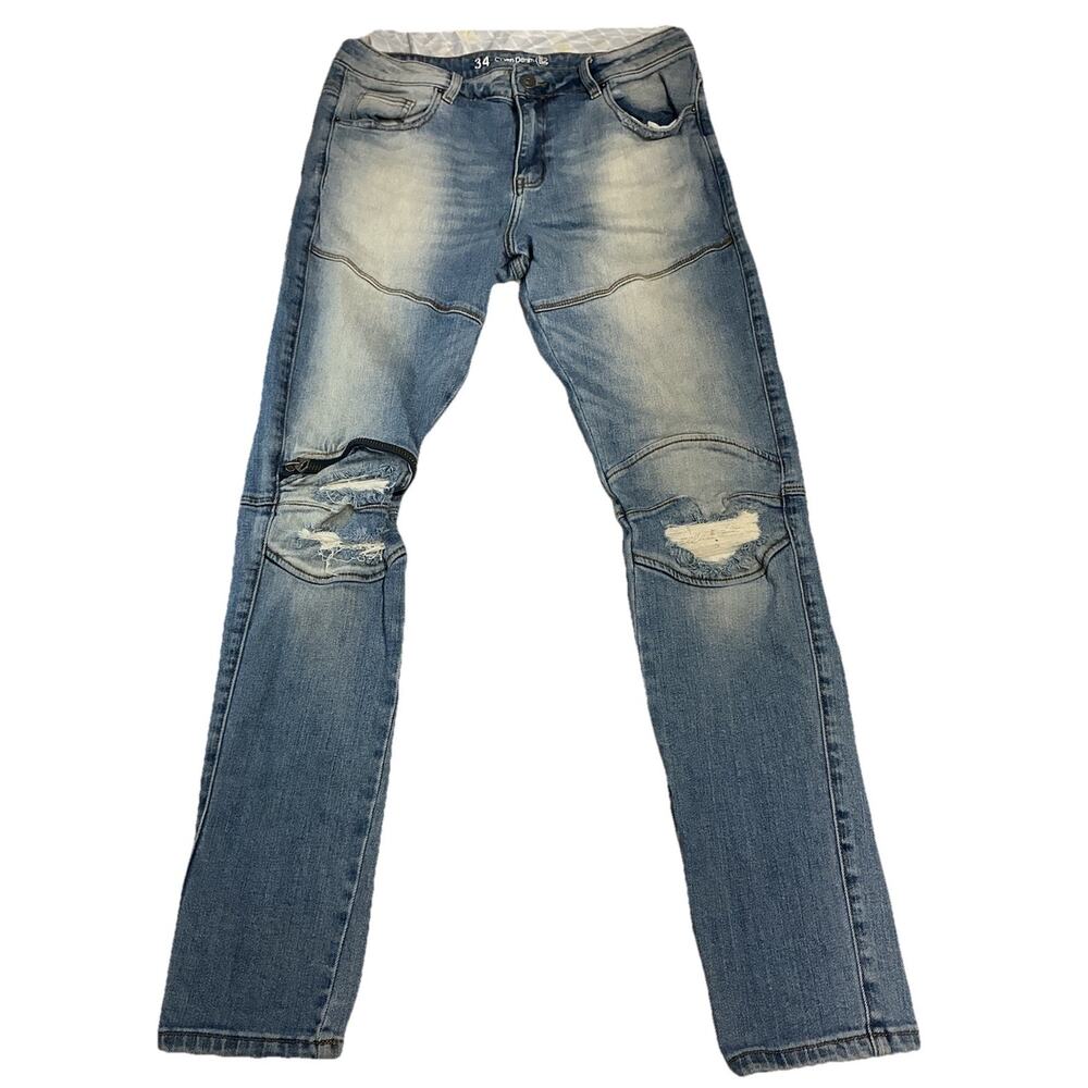 CRYSP DENIM Jeans Men 34 Lightweight Distressed Moto Zipper Knee Streetwear Slim